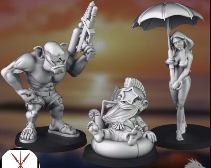 Beach Party Mini Set | Fantasy NPC Miniatures | Poolside Villagers and Beachgoers | By Crosslances