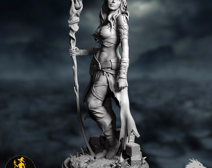 Female Elf Sorcerer Mini | High Elven Fire Caster Miniature | Arcane Spellcaster with Flame Staff