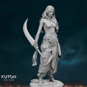 Front angle highlighting the ornate belt sash, fitted top, and fierce facial sculpt holding the curved scimitar.