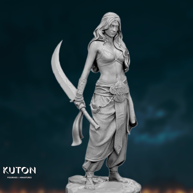 Front angle highlighting the ornate belt sash, fitted top, and fierce facial sculpt holding the curved scimitar.