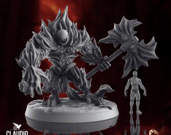 Fire Elemental Miniature | Lava Beast Mini | Elemental Juggernaut Boss with War Axe | Claudio Casini