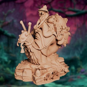 May include: A detailed, beige-colored fantasy figurine depicting a person riding a large snail. The snail has a detailed shell and carries a pack. The person wears a hat and is seated on the snail's back. The figurine is set on a rocky base.