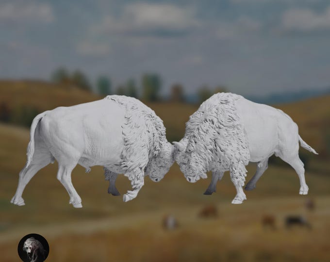 Fighting Bison Miniatures | Paintable Resin Wildlife Sculpture | Buffalo Battle Display Model | By Animal Den Miniatures