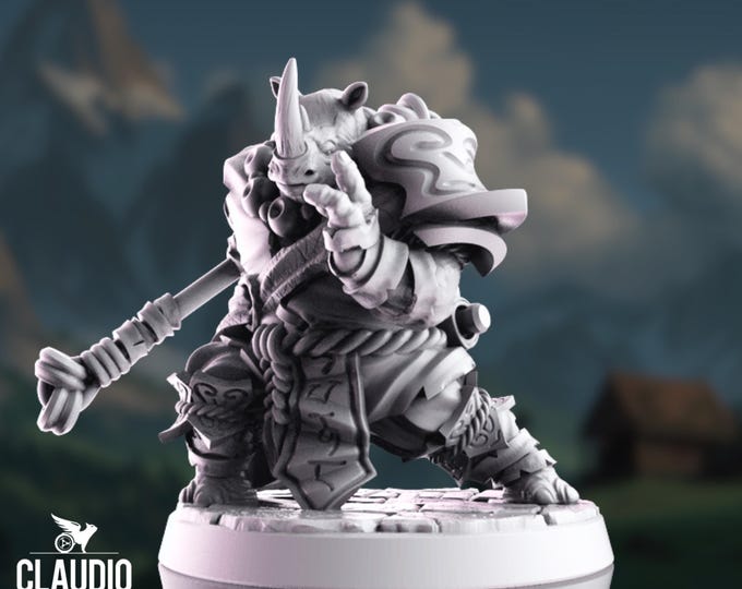 Rhino Monk Miniature | Martial Arts Fighter Miniature | Staff Fighter NPC or PC | By Claudio Casini Art