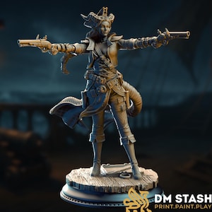 Può includere: Statuetta dettagliata di una pirata, che tiene due pistole a pietra focaia con le braccia tese. Indossa un cappotto dettagliato, un corsetto e pantaloni, con un copricapo con corna. La figura è su una piattaforma di legno. Il logo DM STASH è visibile.
