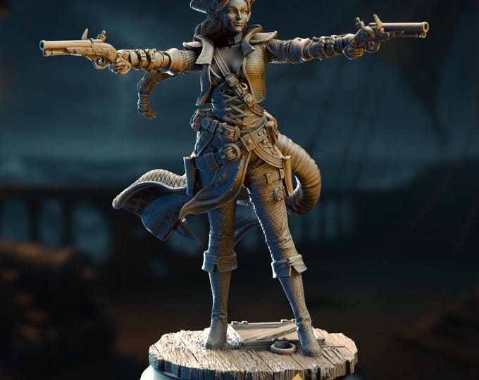 Female Tiefling Gunslinger Mini | Dual-Pistol Pirate Miniature | Female Pirate Rogue with Pistols | By DM Stash