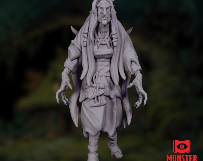 Green Hag Mini | Witch Monster Miniature | Forest Hag Crone with Tattered Robes | By Monster Atlas