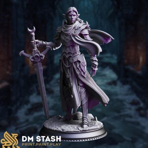May include: A detailed 3D-printed figurine of a fantasy warrior, holding a large sword with a crescent moon design. The figure is clad in ornate armour and a flowing cape. The base of the figurine has the text "DM STASH PRINT.PAINT.PLAY."