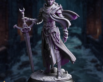 Drow Paladin Miniature | Dark Elf Female Fighter with Greatsword