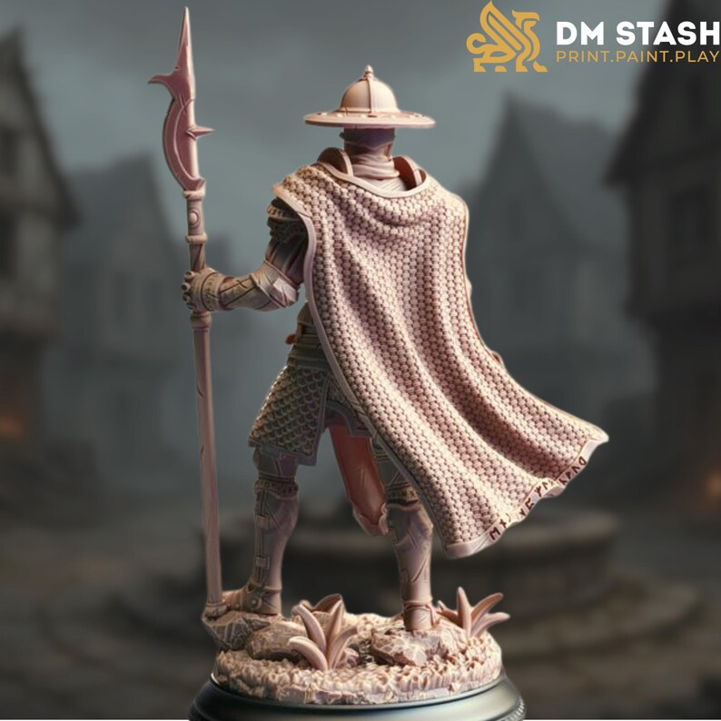 May include: A detailed miniature figurine of a warrior wearing armour and a helmet with a cape. The warrior is holding a spear with a curved blade. The figurine is painted in a light brown colour and is standing on a base.