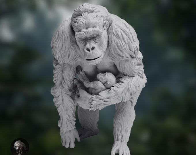 Gorilla Mother and Baby Sculpture | Paintable Resin Miniature | By Animal Den