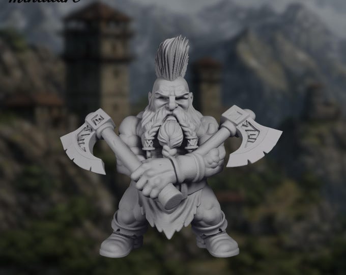 Dwarf Barbarian Mini | Dual Axe Warrior Miniature | Mohawk Fighter Character | By Eskice Miniatures