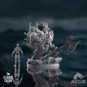 May include: A gray 3D-printed fantasy figure of a muscular humanoid creature with a trident, standing on a cloud-like base. A smaller, transparent figure is to the left. The image includes the text "CLAUDIO CASINI ART" and "JUKES3D".