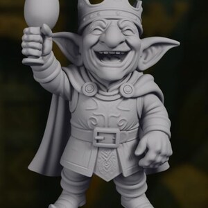 May include: A gray figurine of a laughing goblin king, wearing a crown, cape, and tunic, holding a goblet aloft. The goblin has large ears and a belt with a square buckle. The figurine is approximately 4 inches tall.