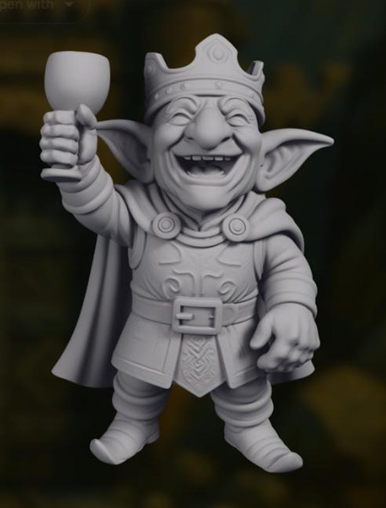 May include: A gray figurine of a laughing goblin king, wearing a crown, cape, and tunic, holding a goblet aloft. The goblin has large ears and a belt with a square buckle. The figurine is approximately 4 inches tall.