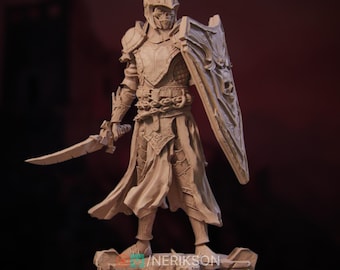 Op de afbeelding: Een gedetailleerd, handgeschilderd miniatuur van een krijger in volledige bepantsering, die een zwaard en schild vasthoudt. De figuur staat op een basis met een schedel en andere details. Het miniatuur is geschilderd in tinten bruin en grijs.