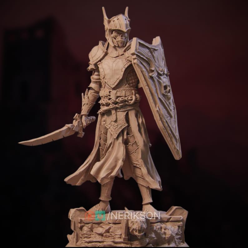 Undead skeletal knight miniature in full gothic armor with horned helmet and skull-emblazoned shield. Long tattered cloak, jagged sword, and detailed rocky base. 32mm or 40mm scale resin print for horror campaigns.