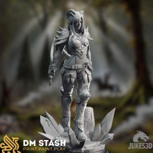 May include: A gray 3D-printed figurine of a female warrior with armor, horns, and a sword. The figure is standing on a crystal base. The text "DM STASH PRINT.PAINT.PLAY" is visible at the bottom left, and "JUKES3D" is at the bottom right.