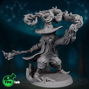 May include: A gray wizard figurine with a long beard, hat, and staff. The wizard's right arm is raised, with a flame-like effect emanating from it. The figurine stands on a circular base with a brick pattern.