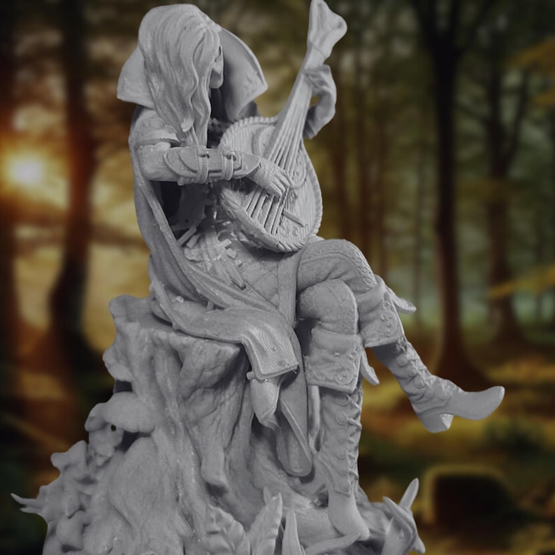 Side view of Female Elven Lore Bard Dnd Miniature. The bard is shown strumming a lute while seated, with flowing hair, layered cloak, and detailed leather armor. Perfect for tabletop roleplaying games and bard character builds.