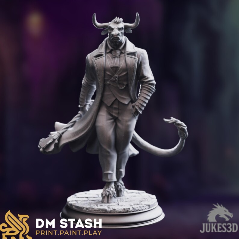 May include: A gray figurine of a minotaur in a suit and long coat, with a tail and horns. The figurine is standing on a circular base with the text "DM STASH PRINT.PAINT.PLAY" and the logo of Jukes3D.