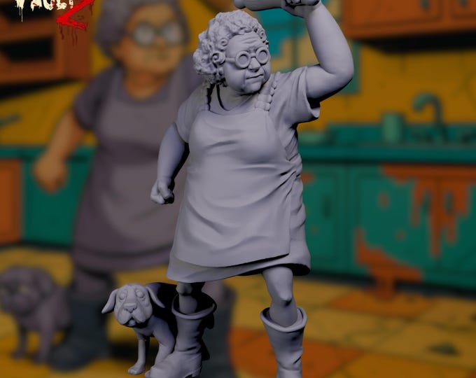 Granny with Rolling Pin and Dog Mini | Elderly Zombie Survivor Miniature | Modern Rural Miniatures | By VaultZ