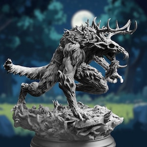May include: A detailed grey 3D printed figurine of a monstrous creature with antlers, sharp teeth, and claws. The creature is posed in a crouched position, ready to pounce. The figurine is set on a textured base.