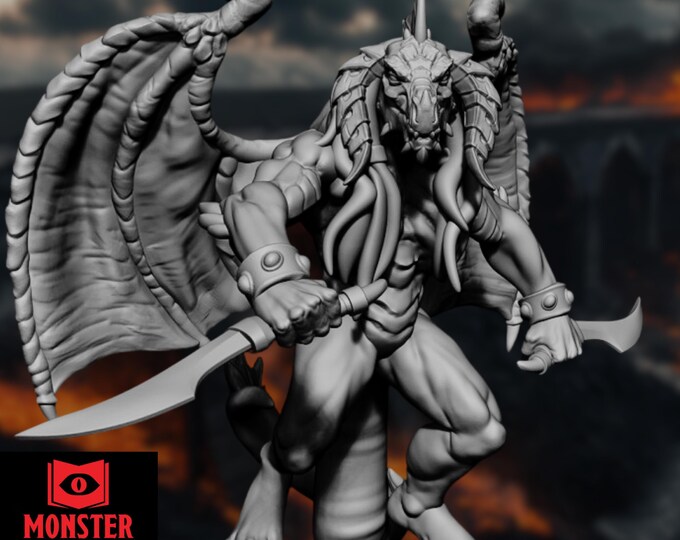 Dragon-Devil Miniature | Abishai Fighter with Twin Blades for Fantasy RPGs | By Monster Atlas