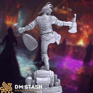 Rear view of bard with plume hat and raised leg, carved keg, and lute detail visible. Vibrant lighting from tavern scene behind.