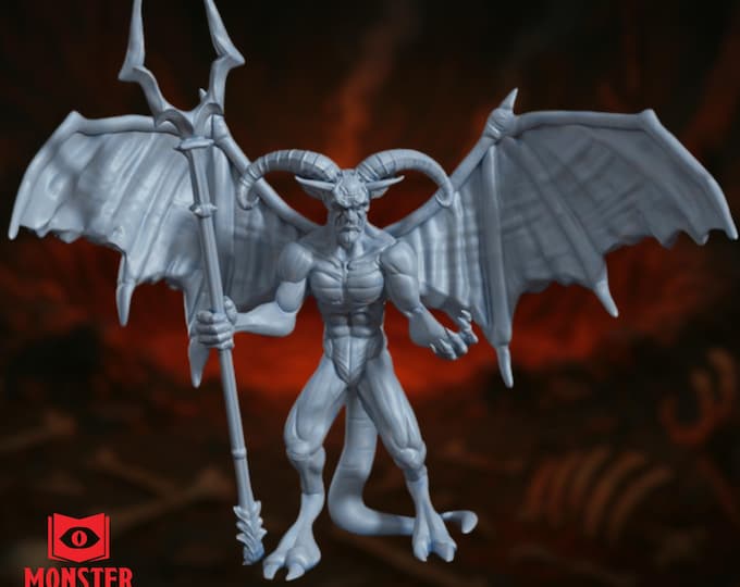 Horned Devil Miniature | Infernal Monster with Wings and Trident for 28mm–40mm Boss Battles or Fiendish Encounters | By Monster Atlas