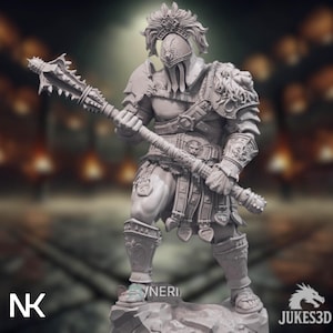 May include: A detailed, gray 3D-printed figurine of a gladiator in full armor, holding a spiked mace. The figure wears a helmet with a feathered crest and intricate shoulder armor. The base of the figurine has the text "YNERI" and the logo "JUKES3D".