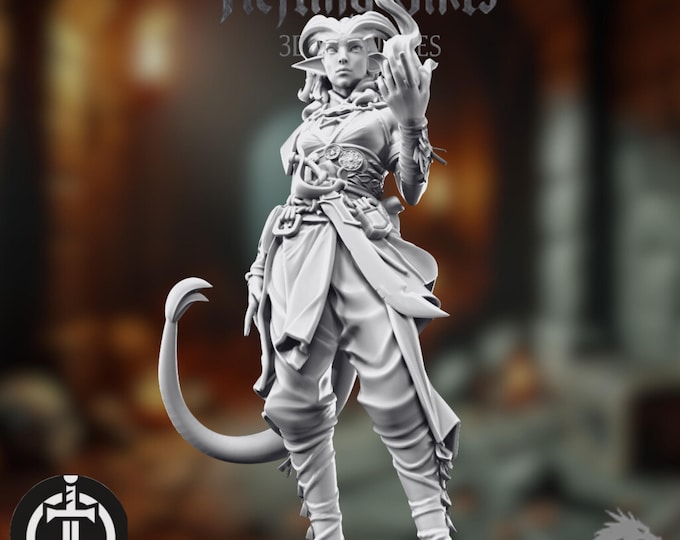 Tiefling Sorcerer Mini | Fire Magic Caster Miniature | Female Warlock with Flame Spell | Broken Swords