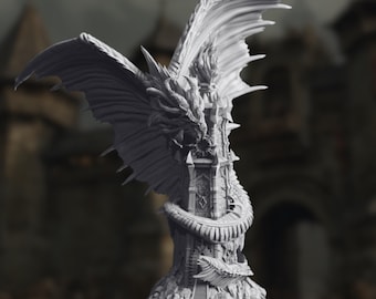 Ancient Mana Wyrm | Gargantuan Dragon Statue Miniature | Winged Serpent Tower Diorama | By DM Stash