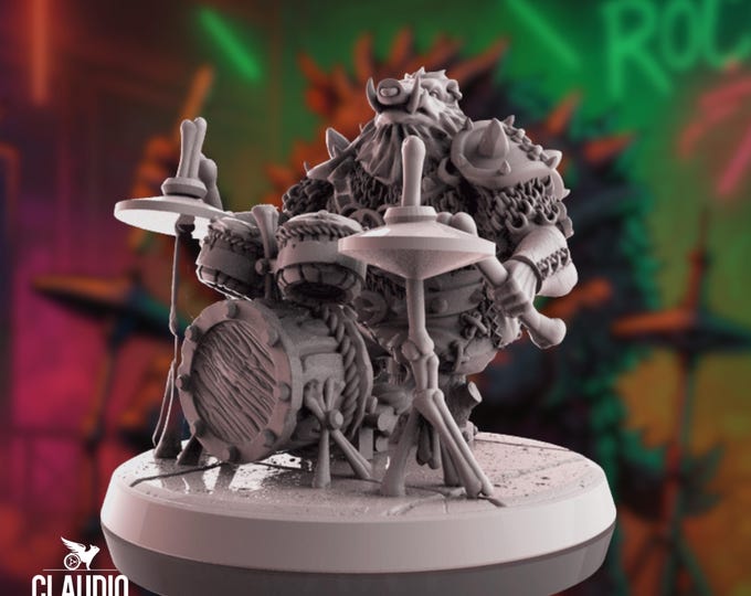 Cyberpunk Boar Drummer Mini | Sci-Fi Musician with Mech Drum Rig Miniature | By Claudio Casini Arts