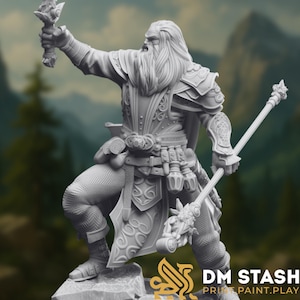 May include: A detailed grey figurine of a bearded warrior holding a torch and a staff. The warrior is clad in ornate armour and clothing, with intricate designs. The figure is posed on a rocky surface, with a blurred forest background.