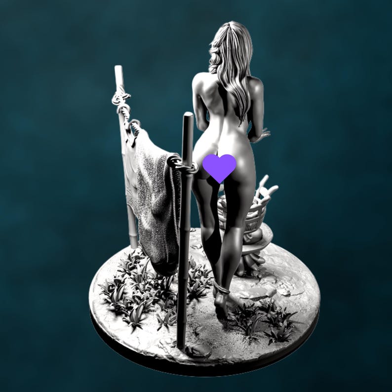 Back view of NSFW outdoor bathing woman model in 1:10 scale with flowing hair and detailed laundry base, including grass, rope line, and wooden basket.