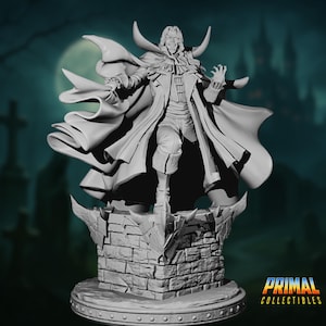 Könnte beinhalten: Graue 3D-gedruckte Figur eines Vampirs mit langem Mantel und Umhang, der auf einer Ziegelplattform steht. Die Figur hat einen strengen Ausdruck und ist mit ausgestreckten Armen posiert. Der Hintergrund zeigt einen Vollmond und ein Schloss.
