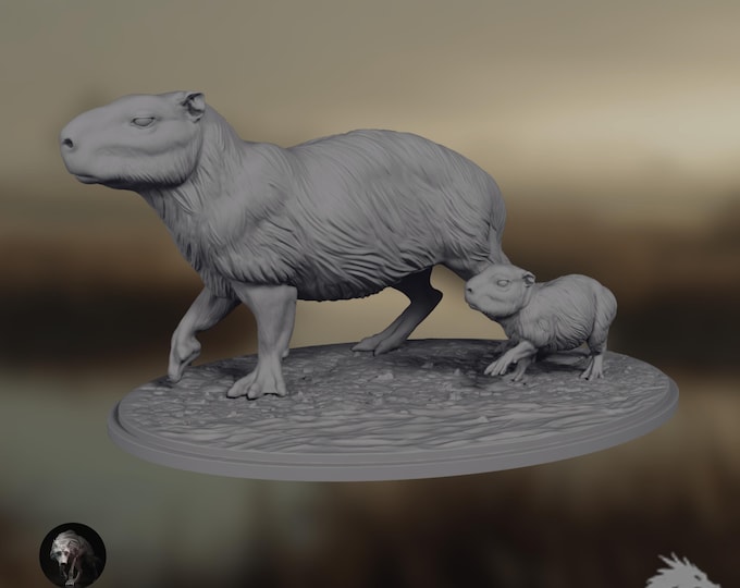 Capybara and Pup Miniature | Paintable Wildlife Model | By Animal Den Miniatures