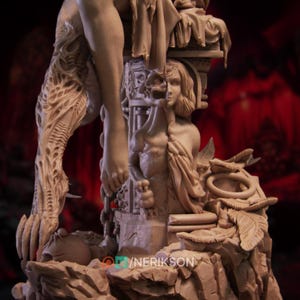 May include: A detailed sculpture featuring a split design with a human figure on one side and a creature with intricate, textured limbs on the other. The sculpture has a light brown color and is set against a blurred red background. The artist's name, /NERIKSON, is visible.