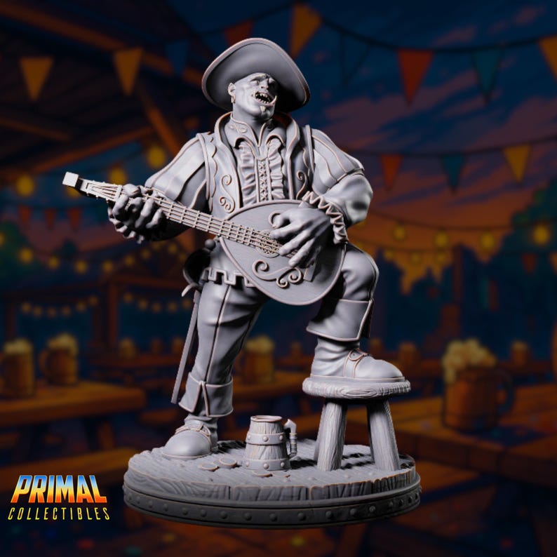 Orc bard miniature mid-performance, expressive pose with lute in hand and tavern mug at his feet.