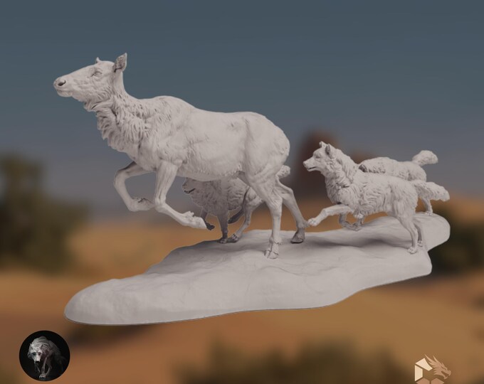 Elk and Grey Wolf Paintable Diorama | Wildlife Predators | Large Resin Model | By Animal Den