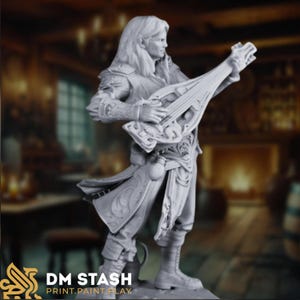 Side view of a bard dnd mini, showcasing his focused expression as he strums the lute. His detailed costume, complete with ornate patterns and accessories, adds to the medieval ambiance.