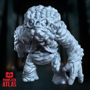 May include: A light grey monster figurine with a textured head and multiple eye-like features. The creature has thick, segmented arms and legs, and a detailed, rough skin texture. The Monster Atlas logo is visible in the lower left corner.