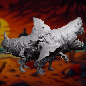 Side view of undead shark monster mini featuring dozens of protruding arms, barnacles, and bloated skin; designed for post-apocalyptic sea horror.