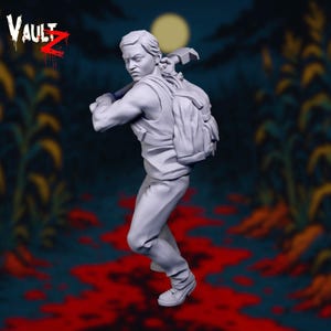 May include: A gray figurine of a person carrying a backpack and a hammer, walking through a cornfield. The background features a full moon and a dark, ominous atmosphere. The Vault Z logo is in the upper left corner.