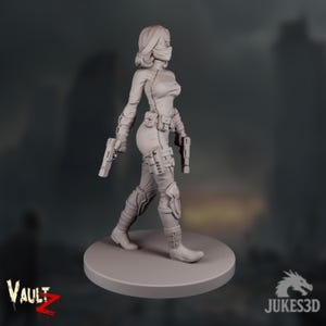 Side view showing dual holstered pistols, cargo pockets, and knee pads sculpted with fine detail. Her body language suggests vigilance as she steps forward through the ruins.
