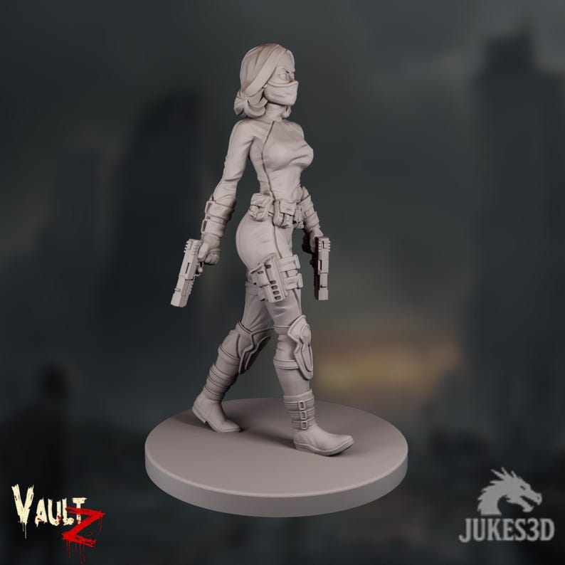 Side view showing dual holstered pistols, cargo pockets, and knee pads sculpted with fine detail. Her body language suggests vigilance as she steps forward through the ruins.
