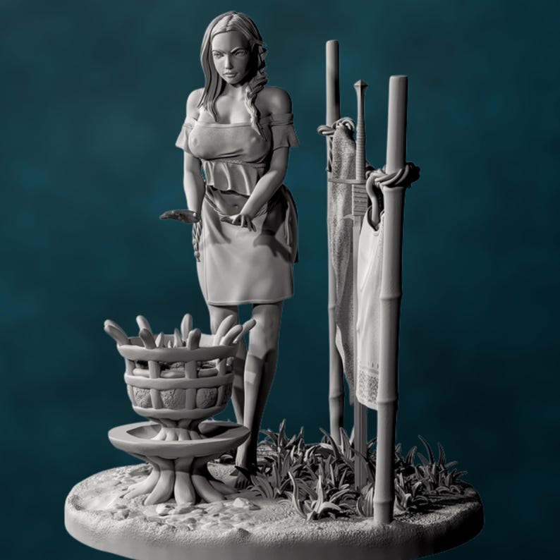 May include: A gray painted figurine of a woman standing next to a fire pit and a rack of swords. The woman is wearing a simple dress and holding a knife. The fire pit is filled with logs and the rack of swords is made of wood.