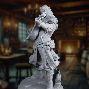 A 3d printed Dungeons and Dragons Miniature of a bard playing a lute, dressed in layered, detailed attire with pouches and a dagger on his belt. The bard stands in a cozy tavern setting, captured mid-performance.