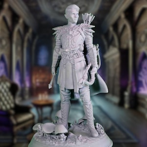 May include: A gray painted miniature figurine of a person wearing armor and holding a bow and arrow. The figurine is standing on a base with mushrooms.